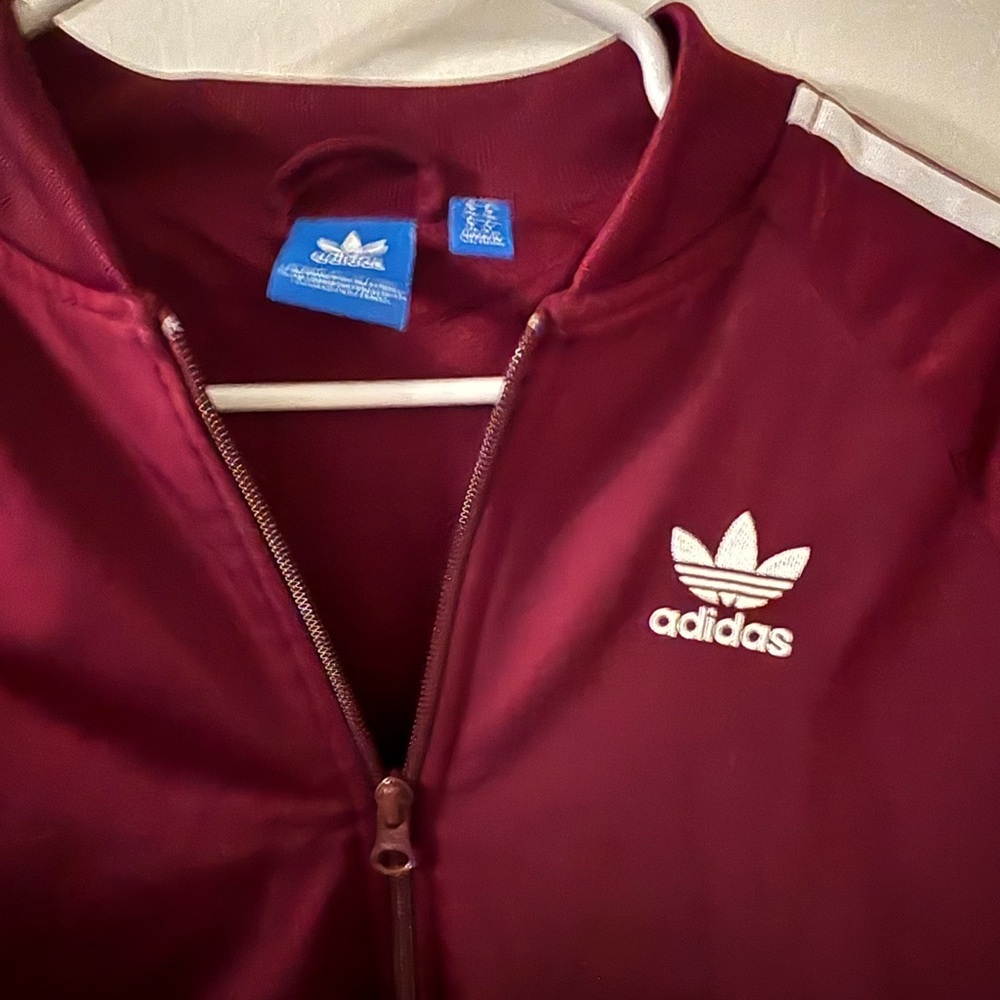 adidas Originals Track Jacket Women’s Small Burgundy 3-Stripes Trefoil Zip - Picture 5 of 7
